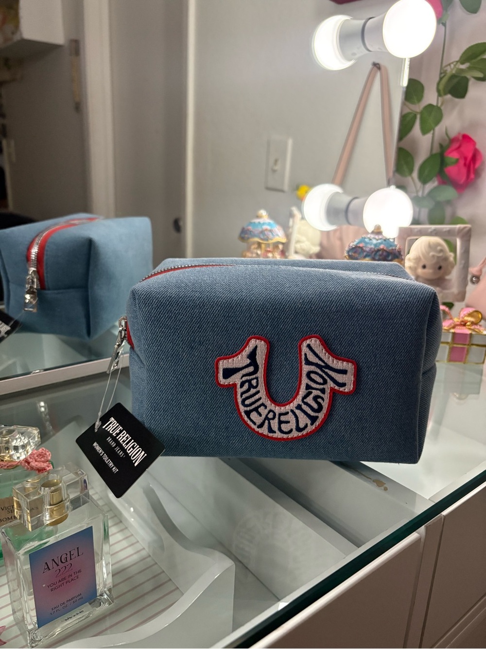True Religion Denim Cosmetic Pouch with Red Trim